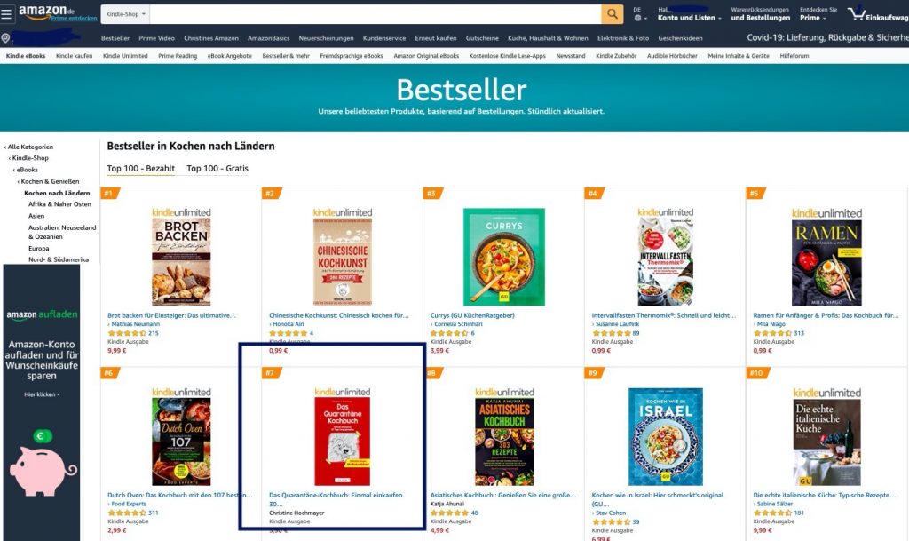 Das Quarantäne-Kochbuch auf Platz 7 der Amazon-Bestseller-Liste